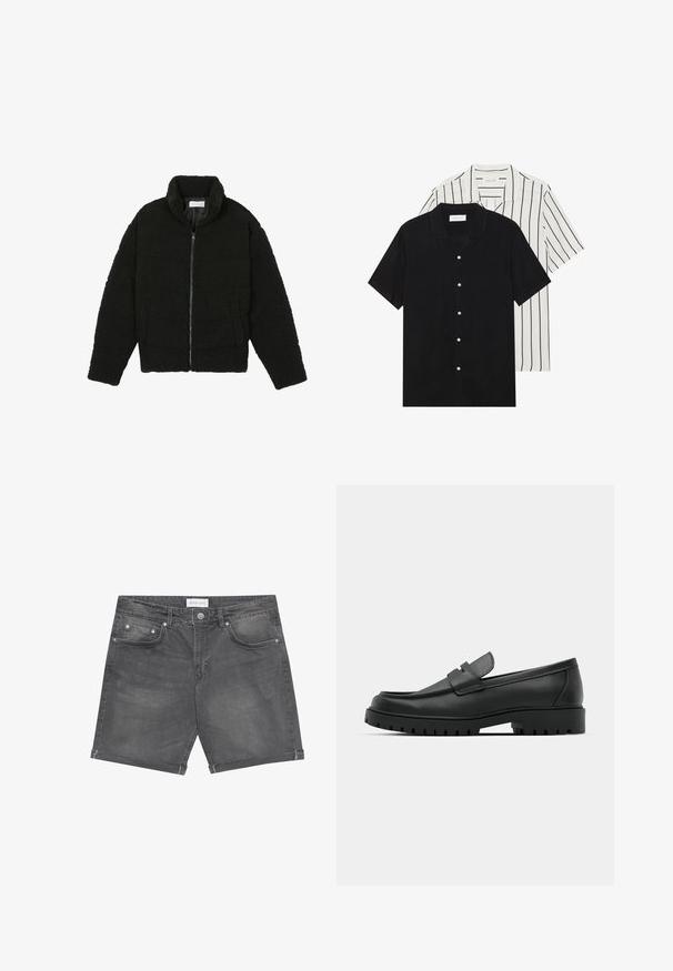 Musta tekokarvalehtijakku korkean kauluksen, vetoketjun, joustavat hihansuut ja tilkkutäkkikuvion. Sisältää sivutaskut ja pehmeän pinnan.; Kaksi lyhythihaista puseroa: yksi yhtenäinen musta, toinen valkoinen mustilla pystyraitoilla. Molemmissa on napitus ja klassinen kaulus.; Tummanharmaat farkkushortsit, joissa on klassinen viiden taskun malli, käännetyt hihat ja metalliset napin yksityiskohdat. Sileä tekstuuria, jossa on hienovaraisia haalistumia.; Musta nahkaloafers, joissa on pyöreä kärki, ommeltu pinta, matala alusta ja kuvioitu, kuminen ulkopohja.