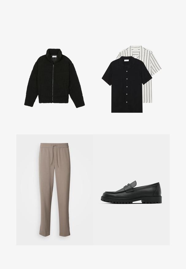 Juoda dirbtinė kailio striukė su aukštu apykakle, užtrauktuku, elastingomis rankovėmis ir siuvinėtu raštu. Su šoninėmis kišenėmis ir švelnia tekstūra.; Du šortais rankovėmis marškiniai: vieni visiškai juodi, kiti balti su juodomis vertikaliomis juostelėmis. Abu turi mygtukų užsegimus ir klasikinį apykaklę.; Šviesiai rudos kelnės su elastinga juosme ir raišteliu. Su siaurėjančiomis kojomis, sklandžia tekstūra ir be matomų raštų ar akcentų.; Juodi odiniai loaferiai su apvalia nosimi, su siuvinėtu dizainu, žemu platformos padu ir tekstūruotu, sukibimo raštu padu.