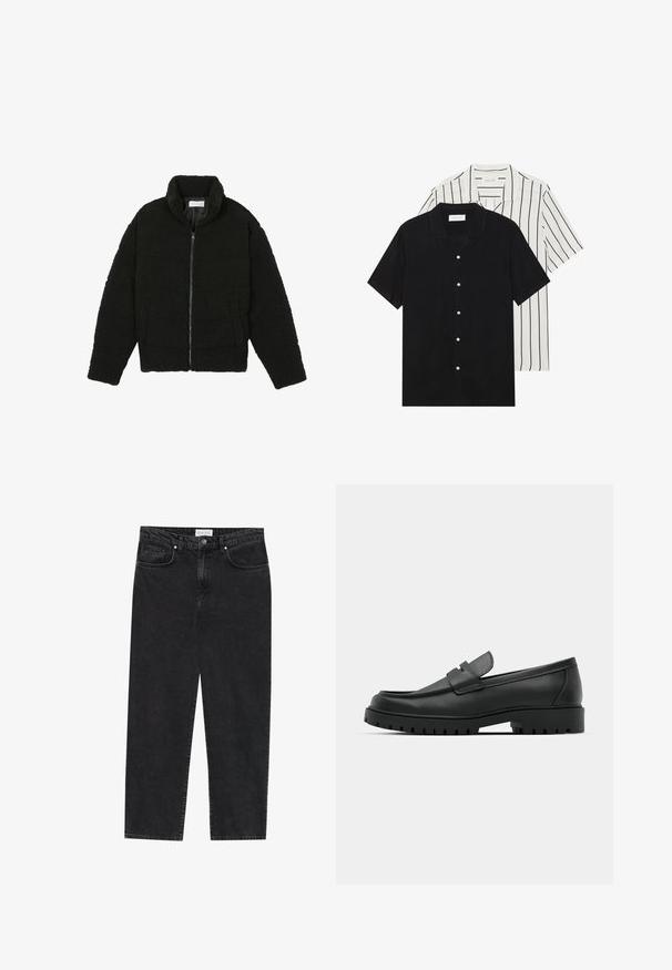 Black faux fur jacket with a high collar, zip closure, elastic cuffs, and a quilted design. Features side pockets and a soft texture.; Two short-sleeve shirts: one solid black, one white with black vertical stripes. Both feature button closures and a classic collar.; Black denim jeans with a straight-leg design, five pockets, a button closure, and subtle fading texture. Features stitching accents at seams.; Black leather loafers with a rounded toe, featuring a stitched design, low platform sole, and a textured, lugged rubber outsole.