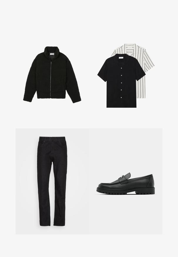 Črna jakna iz umetnega krzna z visokim ovratnikom, z zadrgo, elastičnimi manšetami in kviltanim dizajnom. Ima stranske žepke in mehak tekstur.; Dve majice s kratkimi rokavi: ena enobarvna črna, druga bela z črnimi navpičnimi črtami. Obe imata gumbaste zapenke in klasičen ovratnik.; Črne kavbojke iz denima s ravnim krojem, pet žepov, z gumbom in zadrgo, s subtilno teksturirano površino.; Črne usnjene loafers čevlje z zaobljenim nosom, ki imajo šivano zasnovo, nizko platformo in teksturiran, profiliran gumijast podplat.