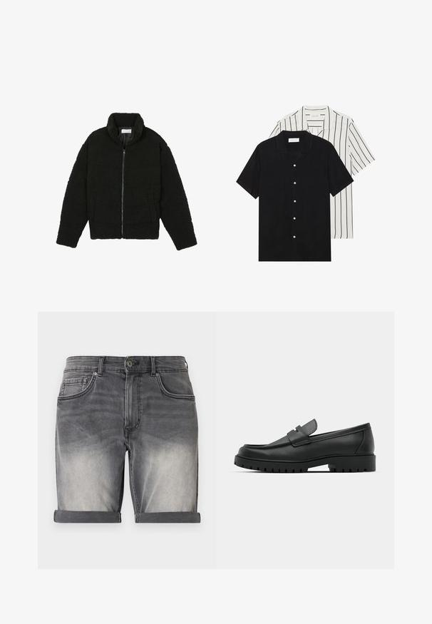 Crna jakna od umjetnog krzna s visokim ovratnikom, zatvaranjem na zip, elastičnim manžetama i kviltanim dizajnom. Sadrži bočne džepove i mekanu teksturu.; Dva kratka rukava košulje: jedna potpuno crna, a druga bijela s crnim okomitim prugama. Obje imaju dugmad i klasični ovratnik.; Traper šortsici u izblijedjeloj crnoj boji s preklopom, s pet džepova i blagim izbjeljivanjem sprijeda. Klasično kopčanje na dugme.; Crne kožne mokasine s zaobljenim vrhom, s ušivenim dizajnom, niskom platformom i teksturiranim, gumenim potplatom s izbočinama.