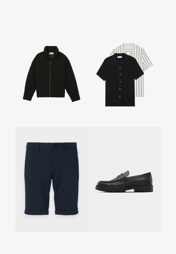 Casaco de pelo sintético preto com gola alta, fecho de zip, punhos elásticos e um design acolchoado. Apresenta bolsos laterais e uma textura suave.; Duas camisas de manga curta: uma preta sólida e uma branca com riscas verticais pretas. Ambas possuem fecho de botões e um colarinho clássico.; Calções azul-escuro feitos de algodão com uma textura lisa, apresentando punhos dobrados e um fecho de botão na cintura.; Sapatilhas de couro preto com bico arredondado, apresentando um design cosido, sola de plataforma baixa e um solado de borracha texturizado e com cravos.