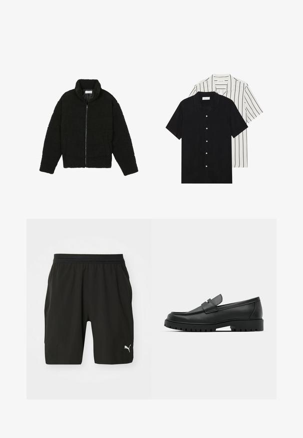 Casaco de pelo sintético preto com gola alta, fecho de zip, punhos elásticos e um design acolchoado. Apresenta bolsos laterais e uma textura suave.; Duas camisas de manga curta: uma preta sólida e uma branca com riscas verticais pretas. Ambas possuem fecho de botões e um colarinho clássico.; Calções atléticos pretos feitos de um tecido leve, com uma cintura elástica, apresentando dois bolsos laterais e um pequeno logótipo branco na parte inferior da frente.; Sapatilhas de couro preto com bico arredondado, apresentando um design cosido, sola de plataforma baixa e um solado de borracha texturizado e com cravos.