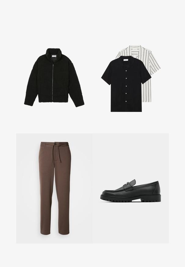 Svart faux fur-jacka med hög krage, dragkedjestängning, elastiska manschetter och ett kviltat mönster. Har sidofickor och en mjuk textur.; Två kortärmade skjortor: en helt svart och en vit med svarta vertikala ränder. Båda har knäppningar och en klassisk krage.; Bruna sweatpants i mjukt material, med dragsko i midjan, knäppning och raka ben utan synliga mönster eller detaljer.; Svarta lädersneakers med rund tå, med en sydd design, låg plattformssula och en texturerad, mönstrad gummisula.