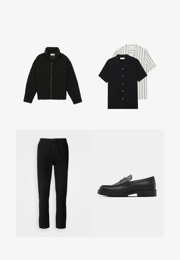 Zwarte faux fur jas met een hoge kraag, ritssluiting, elastische manchetten en een doorgestikt ontwerp. Beschikt over zijzakken en een zachte textuur.; Twee shirts met korte mouwen: één effen zwart, één wit met zwarte verticale strepen. Beide hebben knoopsluitingen en een klassieke kraag.; Zwarte, lichtgewicht broek met een elastische tailleband, trekkoorddetail, rechte pijpen en een gladde textuur. Geen zichtbare patronen of hardware.; Zwarte leren instappers met een ronde neus, voorzien van een gestikt ontwerp, een lage platformzool en een gestructureerde, grof rubberen buitenzool.