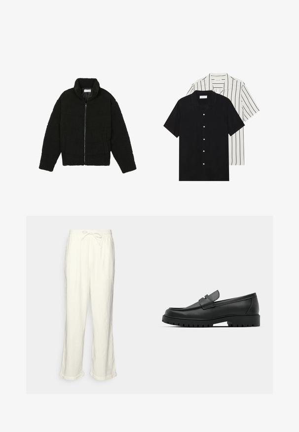 Casaco de pelo sintético preto com gola alta, fecho de zip, punhos elásticos e um design acolchoado. Apresenta bolsos laterais e uma textura suave.; Duas camisas de manga curta: uma preta sólida e uma branca com riscas verticais pretas. Ambas possuem fecho de botões e um colarinho clássico.; Calças de linho em off-white com um cós elástico, pernas ligeiramente largas e acabamentos dobrados para um ajuste descontraído. Sem bolsos.; Sapatilhas de couro preto com bico arredondado, apresentando um design cosido, sola de plataforma baixa e um solado de borracha texturizado e com cravos.