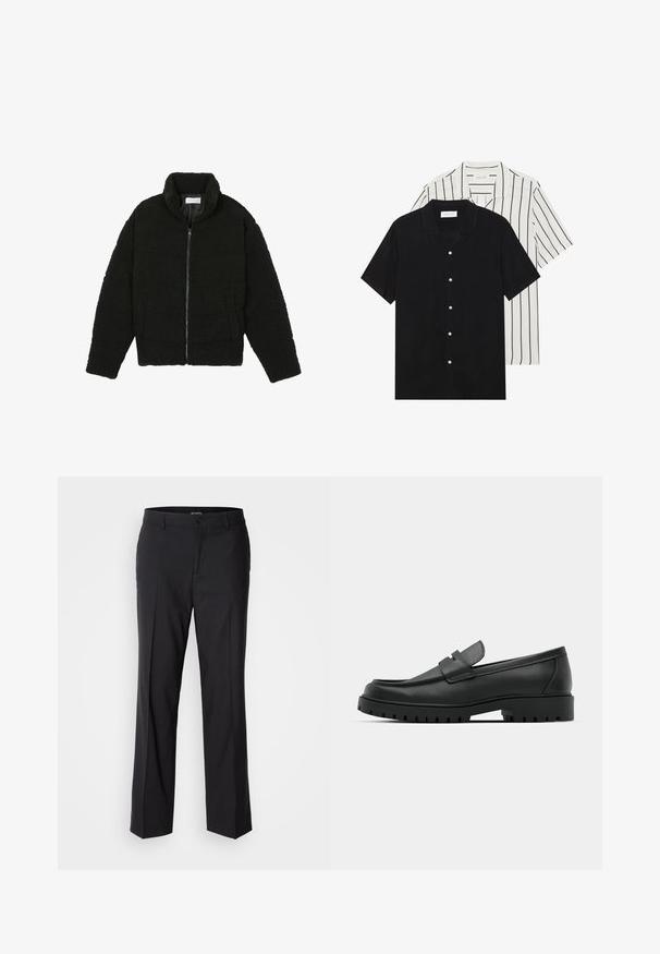 Černá umělá kožešinová bunda s vysokým límcem, zipovým uzávěrem, elastickými manžetami a prošívaným designem. Obsahuje postranní kapsy a jemnou texturu.; Dvě košile s krátkým rukávem: jedna jednobarevná černá, druhá bílá s černými vertikálními pruhy. Obě mají zapínání na knoflíky a klasický límeček.; Černé kalhoty s rovnými nohavicemi, vybavené zapínáním na knoflík a poutky na pás, vyrobené z hladkého materiálu bez viditelných vzorů.; Černé kožené mokasíny s kulatou špičkou, zdobené prošitím, s nízkou platformou a texturovanou gumovou podrážkou s drážkováním.