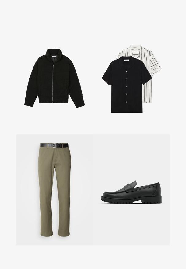 Črna jakna iz umetnega krzna z visokim ovratnikom, z zadrgo, elastičnimi manšetami in kviltanim dizajnom. Ima stranske žepke in mehak tekstur.; Dve majice s kratkimi rokavi: ena enobarvna črna, druga bela z črnimi navpičnimi črtami. Obe imata gumbaste zapenke in klasičen ovratnik.; Maslinasto zelene hlače ravnog kroja od pamuka, s crnim kožnim remenom, vidljivim šavovima i bočnim džepovima.; Črne usnjene loafers čevlje z zaobljenim nosom, ki imajo šivano zasnovo, nizko platformo in teksturiran, profiliran gumijast podplat.