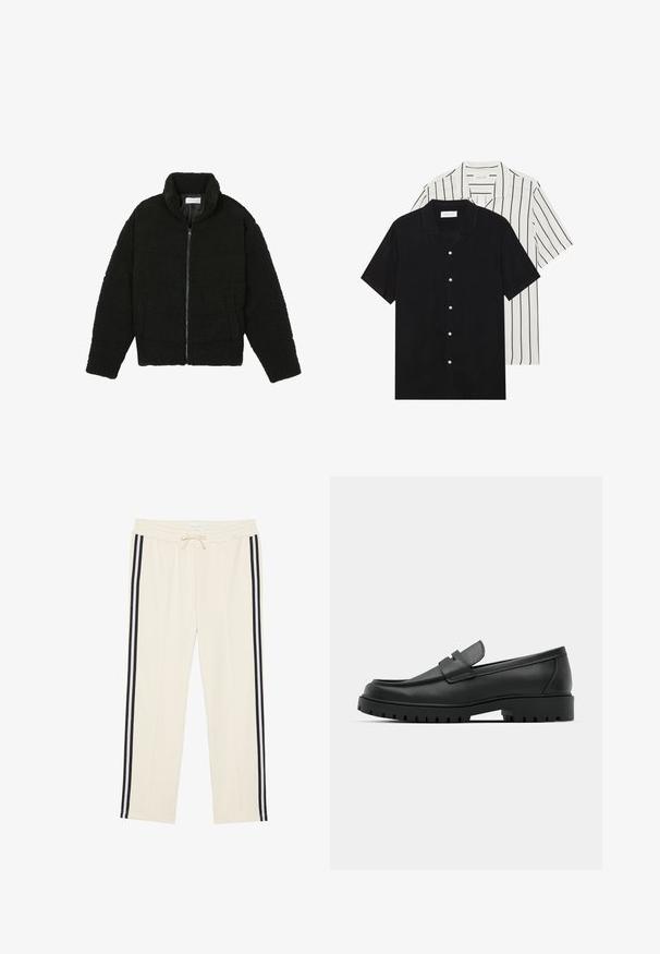 Schwarze Kunstpelzjacke mit hohem Kragen, Reißverschluss, elastischen Bündchen und gestepptem Design. Verfügt über seitliche Taschen und eine weiche Textur.; Zwei kurzärmelige Hemden: eines ganz schwarz, das andere weiß mit schwarzen vertikalen Streifen. Beide verfügen über Knopfverschlüsse und einen klassischen Kragen.; Creme Jogginghosen mit elastischem Bund und verstellbarem Kordelzug. Mit zwei schwarzen Seitenstreifen, die an jedem Bein entlanglaufen. Weiche Stofftextur.; Schwarze Lederloafer mit runder Zehenform, ausgestattet mit einem gesteppten Design, niedrigem Plattformsohle und einer strukturierten, genoppten Gummisohle.