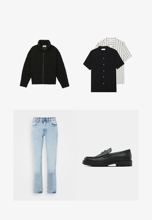 Must must karusnahast jakk kõrge kraega, lukuga sulgemine, elastsed varrukad ja tikandmuster. Omab küljetaskuid ja pehmet tekstuuri.; Kaks lühikeste varrukatega särki: üks ühtlane must, teine valge mustade vertikaalsete triipudega. Mõlemal on nööbiga kinnitamine ja klassikaline krae.; Heledad sinised teksad sirge sääre disainiga, viie taskuga, kergelt kulunud efektiga ja veidi pleekinud tekstuuriga aluses.; Mustad musta nahast loafers, millel on ümar varvas, tikandiga disain, madal platvorm-soon ja tekstureeritud, soonikkummist välistald.