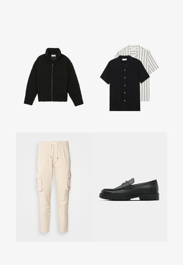 Must must karusnahast jakk kõrge kraega, lukuga sulgemine, elastsed varrukad ja tikandmuster. Omab küljetaskuid ja pehmet tekstuuri.; Kaks lühikeste varrukatega särki: üks ühtlane must, teine valge mustade vertikaalsete triipudega. Mõlemal on nööbiga kinnitamine ja klassikaline krae.; Beezid kanga püksid elastse vöökoha ja paela külge. Omab kahte külgmist kanga taskut ja kitsenevat sääre disaini. Sujuv tekstuur.; Mustad musta nahast loafers, millel on ümar varvas, tikandiga disain, madal platvorm-soon ja tekstureeritud, soonikkummist välistald.