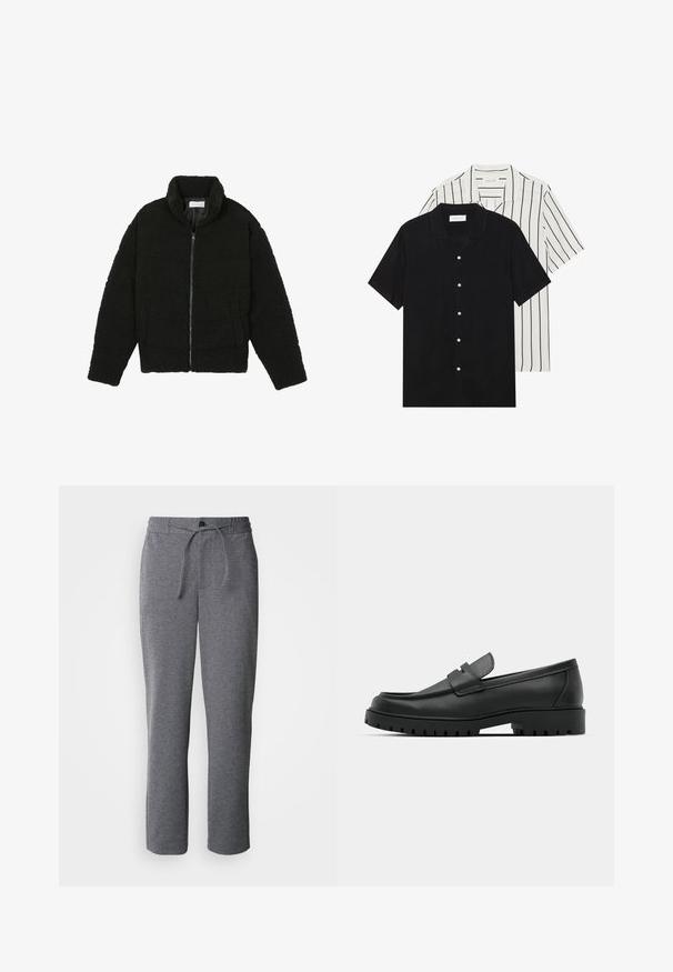 Crna jakna od umjetnog krzna s visokim ovratnikom, zatvaranjem na zip, elastičnim manžetama i kviltanim dizajnom. Sadrži bočne džepove i mekanu teksturu.; Dva kratka rukava košulje: jedna potpuno crna, a druga bijela s crnim okomitim prugama. Obje imaju dugmad i klasični ovratnik.; Sive trenirke napravljene od mekanog materijala, sa pojasom na vezanje, ravnim nogavicama i jednostavnim, neukrašenim dizajnom.; Crne kožne mokasine s zaobljenim vrhom, s ušivenim dizajnom, niskom platformom i teksturiranim, gumenim potplatom s izbočinama.