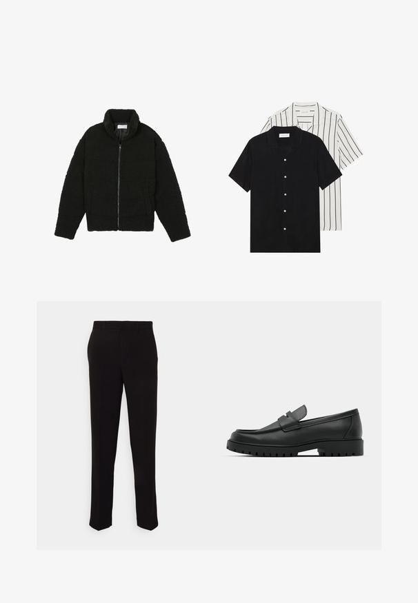 Melnā mākslīgā kažokādas jaka ar augstu apkakli, ar rāvējslēdzēju, elastīgām piedurknēm un kvadrātveida šuvēm. Iespējotas sānu kabatas un mīksta tekstūra.; Divi īsām piedurknēm krekli: viens pilnīgi melns, otrs balts ar melnām vertikālām svītrām. Abi ir aprīkoti ar pogu aizdari un klasisko apkakli.; Melni bikses ar taisnu piegriezumu, kurām ir gluda tekstūra un nav redzamu rakstu vai piederumu. Klasisks dizains ar tīru siluetu.; Melnas ādas loafers ar noapaļotu purngalu, ar izšūtu dizainu, zemu platformas zoli un teksturētu, rievotu gumijas ārējo zoli.