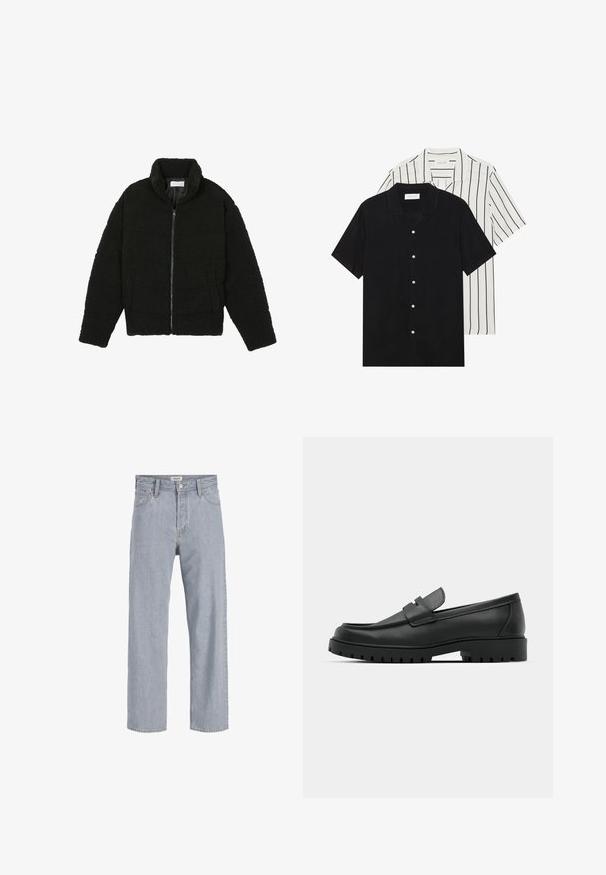 Zwarte faux fur jas met een hoge kraag, ritssluiting, elastische manchetten en een doorgestikt ontwerp. Beschikt over zijzakken en een zachte textuur.; Twee shirts met korte mouwen: één effen zwart, één wit met zwarte verticale strepen. Beide hebben knoopsluitingen en een klassieke kraag.; Lichtblauwe denim jeans met een relaxed fit, rechte pijpen, zichtbare stiksels, twee voorzakken en een knoopsluiting.; Zwarte leren instappers met een ronde neus, voorzien van een gestikt ontwerp, een lage platformzool en een gestructureerde, grof rubberen buitenzool.