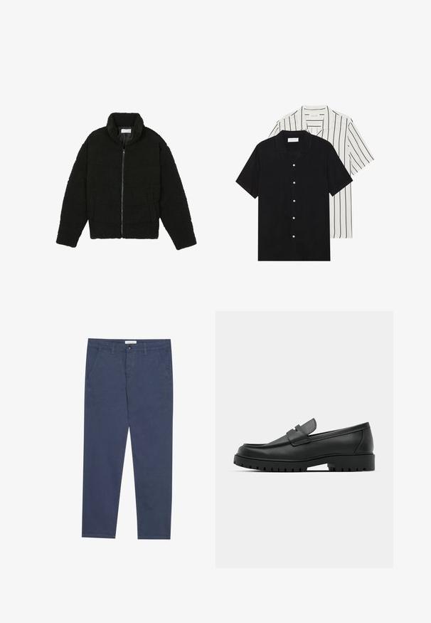 Črna jakna iz umetnega krzna z visokim ovratnikom, z zadrgo, elastičnimi manšetami in kviltanim dizajnom. Ima stranske žepke in mehak tekstur.; Dve majice s kratkimi rokavi: ena enobarvna črna, druga bela z črnimi navpičnimi črtami. Obe imata gumbaste zapenke in klasičen ovratnik.; Temno modri bombažni chinos hlače s ravnim krojem, dvema sprednjima žepoma in subtilnimi šivi, z pasom z gumbnim zapiranjem.; Črne usnjene loafers čevlje z zaobljenim nosom, ki imajo šivano zasnovo, nizko platformo in teksturiran, profiliran gumijast podplat.