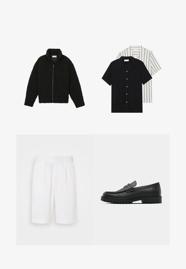 Černá umělá kožešinová bunda s vysokým límcem, zipovým uzávěrem, elastickými manžetami a prošívaným designem. Obsahuje postranní kapsy a jemnou texturu.; Dvě košile s krátkým rukávem: jedna jednobarevná černá, druhá bílá s černými vertikálními pruhy. Obě mají zapínání na knoflíky a klasický límeček.; Bílé bavlněné šortky s rovný střih, předními sklady a standardním pasem. Látka má hladkou texturu a čistý design.; Černé kožené mokasíny s kulatou špičkou, zdobené prošitím, s nízkou platformou a texturovanou gumovou podrážkou s drážkováním.