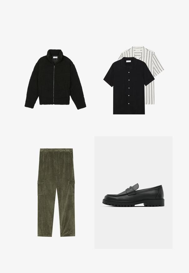 Juoda dirbtinė kailio striukė su aukštu apykakle, užtrauktuku, elastingomis rankovėmis ir siuvinėtu raštu. Su šoninėmis kišenėmis ir švelnia tekstūra.; Du šortais rankovėmis marškiniai: vieni visiškai juodi, kiti balti su juodomis vertikaliomis juostelėmis. Abu turi mygtukų užsegimus ir klasikinį apykaklę.; Tamsiai žali kordūriniai krovinių kelnių su vertikaliu raukšlių raštu, turinčios dvi šonines kišenes ir elastingą juosmenį patogumui.; Juodi odiniai loaferiai su apvalia nosimi, su siuvinėtu dizainu, žemu platformos padu ir tekstūruotu, sukibimo raštu padu.