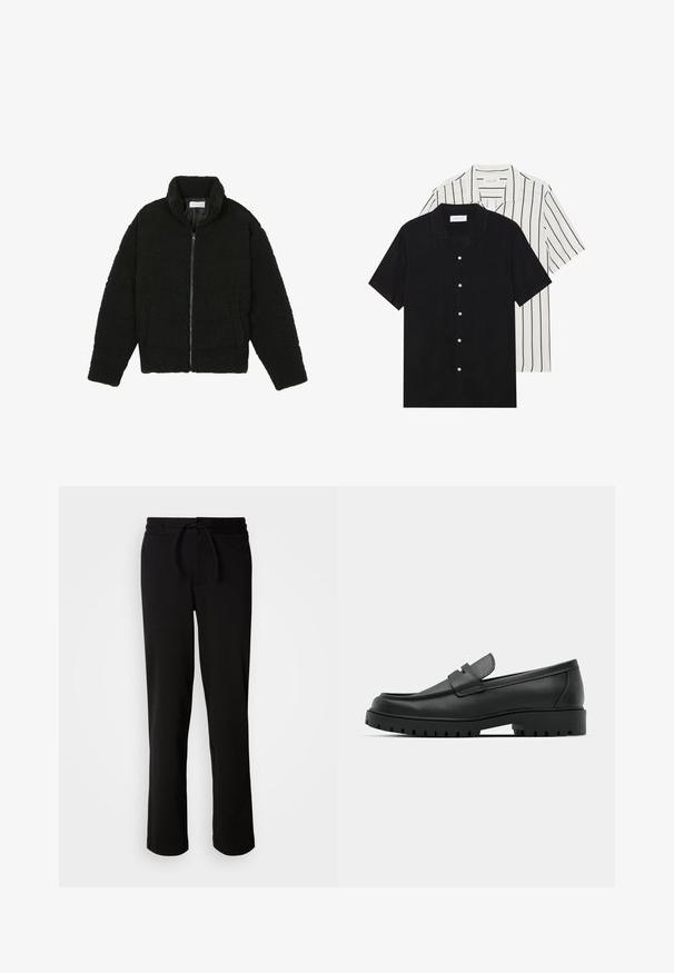 Čierna umelá kožušinová bunda s vysokým golierom, zipsom, elastickými manžetami a prešívaným dizajnom. Má bočné vrecká a jemnú textúru.; Dvoje tričiek s krátkym rukávom: jedno s čistou čiernou farbou, druhé biele s čiernymi vertikálnymi pruhmi. Obidve majú gombíkové zapínanie a klasický golier.; Čierne teplákové nohavice s šnúrkou v páse, vyrobené z mäkkého, elastického materiálu. Majú uvoľnený strih so rovnými nohavicami a žiadne viditeľné vrecká.; Čierne kožené mokasíny s okrúhlou špičkou, s prešitým dizajnom, nízkou platformou a textúrovanou, zúbkovanou gumovou podrážkou.