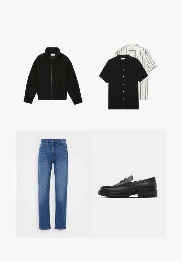 Crna jakna od umjetnog krzna s visokim ovratnikom, zatvaranjem na zip, elastičnim manžetama i kviltanim dizajnom. Sadrži bočne džepove i mekanu teksturu.; Dva kratka rukava košulje: jedna potpuno crna, a druga bijela s crnim okomitim prugama. Obje imaju dugmad i klasični ovratnik.; Plave traperice s ravnim krojem, klasičnim pet džepovima i kopčanjem na gumb u struku. Blago izblijedjeli izgled.; Crne kožne mokasine s zaobljenim vrhom, s ušivenim dizajnom, niskom platformom i teksturiranim, gumenim potplatom s izbočinama.