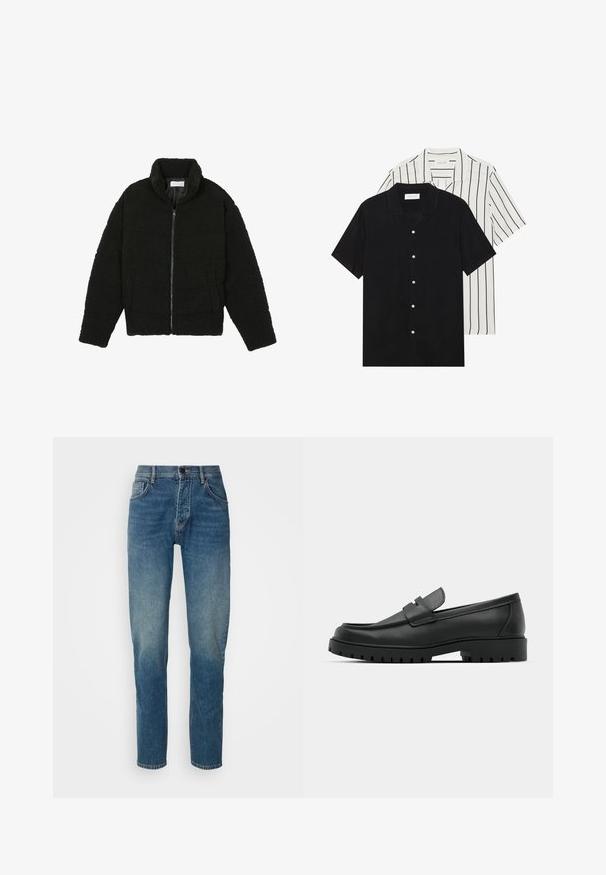 Melnā mākslīgā kažokādas jaka ar augstu apkakli, ar rāvējslēdzēju, elastīgām piedurknēm un kvadrātveida šuvēm. Iespējotas sānu kabatas un mīksta tekstūra.; Divi īsām piedurknēm krekli: viens pilnīgi melns, otrs balts ar melnām vertikālām svītrām. Abi ir aprīkoti ar pogu aizdari un klasisko apkakli.; Denim bikses ar vidēji zilu krāsu, taisnas kājas dizains, piecas kabatas, priekšējais rāvējslēdzis un pogu aizdare. Izbalējusi tekstūra uz augšstilbiem.; Melnas ādas loafers ar noapaļotu purngalu, ar izšūtu dizainu, zemu platformas zoli un teksturētu, rievotu gumijas ārējo zoli.