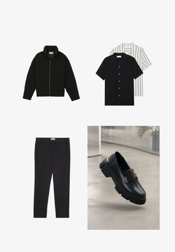 Crna jakna od umjetnog krzna s visokim ovratnikom, zatvaranjem na zip, elastičnim manžetama i kviltanim dizajnom. Sadrži bočne džepove i mekanu teksturu.; Dva kratka rukava košulje: jedna potpuno crna, a druga bijela s crnim okomitim prugama. Obje imaju dugmad i klasični ovratnik.; Crne pamučne hlače uskog kroja, s dva bočna džepa i prednjim zatvaranjem na dugme. Teksturirana tkanina s suptilnim detaljima.; Crni kožni mokasini s debelim gumenim potplatom i izraženim uzorkom. Imaju prednji remen s okruglim metalnim detaljem.