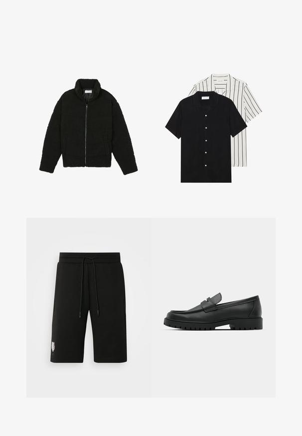 Chaqueta de pelaje sintético negro con cuello alto, cierre de cremallera, puños elásticos y un diseño acolchado. Cuenta con bolsillos laterales y una textura suave.; Dos camisetas de manga corta: una de color negro sólido y otra blanca con rayas verticales negras. Ambas tienen cierre de botones y un cuello clásico.; Pantalones cortos de sudoración negros, confeccionados en mezcla de algodón, con cinturilla elástica y cordón, dos bolsillos laterales y un pequeño logo en la pierna.; Mocasines de cuero negro con punta redonda, que cuentan con un diseño cosido, suela de plataforma baja y una suela de goma texturada y con tacos.