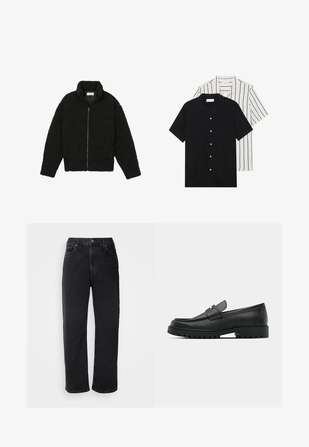 Jachetă din blană sintetică neagră, cu guler înalt, închidere cu fermoar, manșete elastice și un design matlasat. Dispune de buzunare laterale și o textură moale.; Două cămăși cu mânecă scurtă: una complet neagră, iar cealaltă albă cu dungi verticale negre. Ambele au închidere cu nasturi și un guler clasic.; Jeans negri din denim cu croială dreaptă, cinci buzunare și cusături contrastante. Au închidere cu nasture și bucle pentru curea pe talie.; Mocasini din piele neagră cu vârful rotunjit, având un design cusut, talpă joasă și o talpă din cauciuc texturat, cu crampoane.