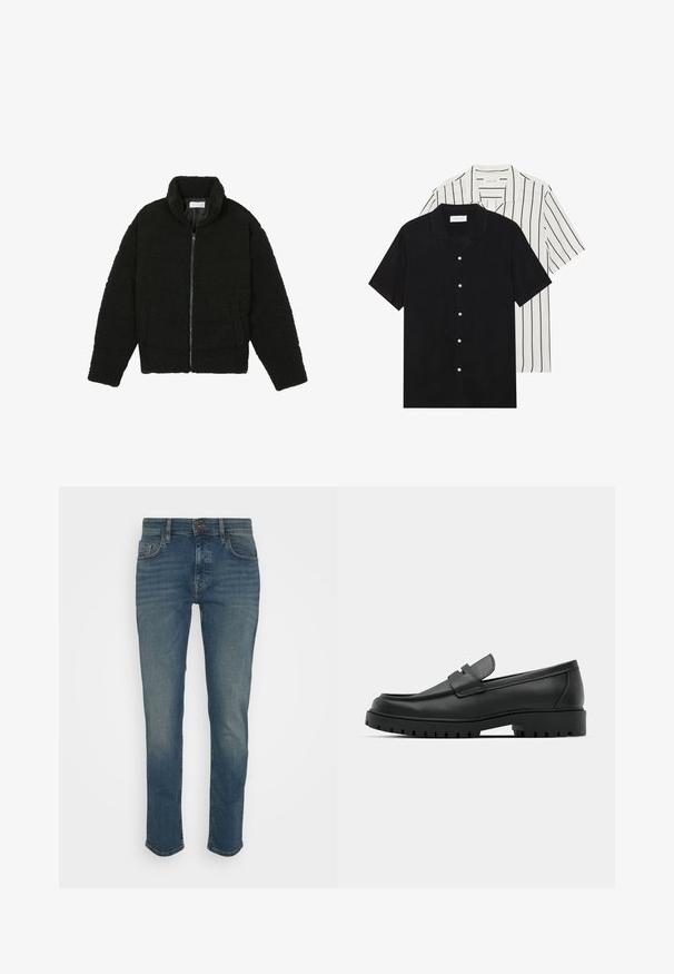 Black faux fur jacket with a high collar, zip closure, elastic cuffs, and a quilted design. Features side pockets and a soft texture.; Two short-sleeve shirts: one solid black, one white with black vertical stripes. Both feature button closures and a classic collar.; Dark blue jeans with a slim fit, featuring a button closure, five pockets, and a slightly faded finish. Made of denim fabric.; Black leather loafers with a rounded toe, featuring a stitched design, low platform sole, and a textured, lugged rubber outsole.