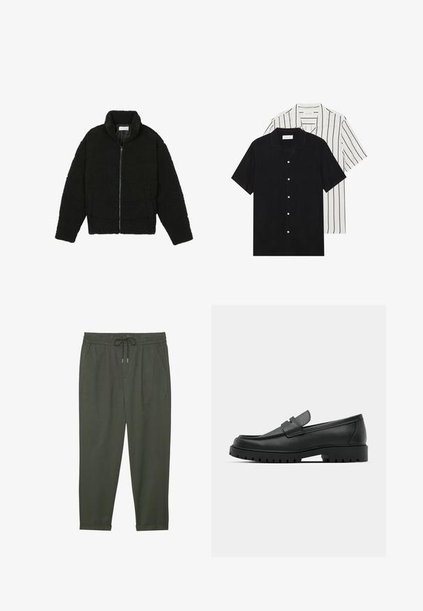 Zwarte faux fur jas met een hoge kraag, ritssluiting, elastische manchetten en een doorgestikt ontwerp. Beschikt over zijzakken en een zachte textuur.; Twee shirts met korte mouwen: één effen zwart, één wit met zwarte verticale strepen. Beide hebben knoopsluitingen en een klassieke kraag.; Donkergroene, lichtgewicht, rechte broek met een elastische tailleband, trekkoord, zijzakken en omgeslagen pijpen. Rijke textuur.; Zwarte leren instappers met een ronde neus, voorzien van een gestikt ontwerp, een lage platformzool en een gestructureerde, grof rubberen buitenzool.