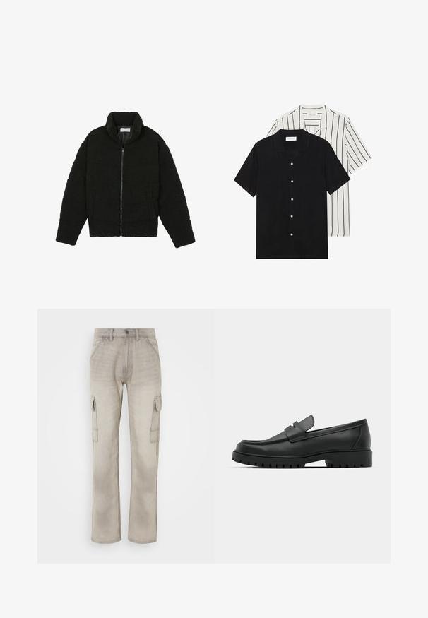 Must must karusnahast jakk kõrge kraega, lukuga sulgemine, elastsed varrukad ja tikandmuster. Omab küljetaskuid ja pehmet tekstuuri.; Kaks lühikeste varrukatega särki: üks ühtlane must, teine valge mustade vertikaalsete triipudega. Mõlemal on nööbiga kinnitamine ja klassikaline krae.; Beezididest k Cargo püksid, mis on valmistatud denimist, sisaldavad kahte külgedel oleva taskut, sirget jala disaini ja nähtavat õmblust. Tekstuuriga viimistlus koos pleekinud välimusega.; Mustad musta nahast loafers, millel on ümar varvas, tikandiga disain, madal platvorm-soon ja tekstureeritud, soonikkummist välistald.