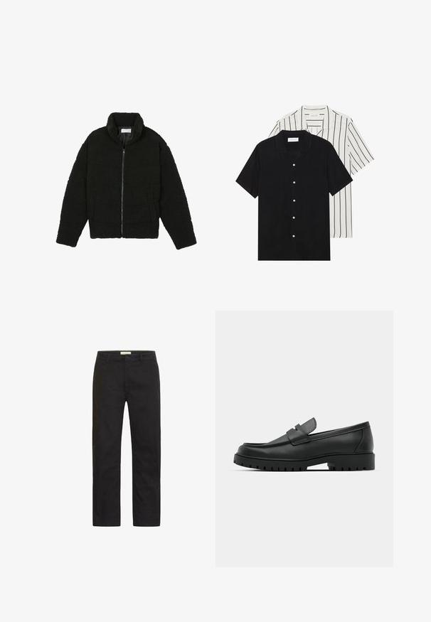 Zwarte faux fur jas met een hoge kraag, ritssluiting, elastische manchetten en een doorgestikt ontwerp. Beschikt over zijzakken en een zachte textuur.; Twee shirts met korte mouwen: één effen zwart, één wit met zwarte verticale strepen. Beide hebben knoopsluitingen en een klassieke kraag.; Zwarte chinos van een gladde katoenstof, met een recht gesneden ontwerp, voorzakken en een enkele knoopsluiting. Geen zichtbare patronen of accenten.; Zwarte leren instappers met een ronde neus, voorzien van een gestikt ontwerp, een lage platformzool en een gestructureerde, grof rubberen buitenzool.