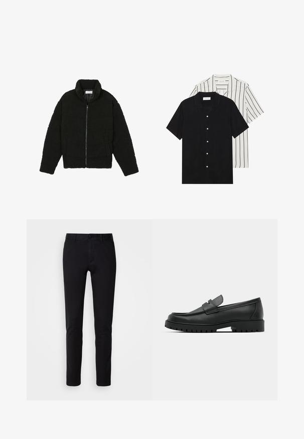 Veste en fausse fourrure noire avec un col haut, fermeture éclair, poignets élastiques et un design matelassé. Elle possède des poches latérales et une texture douce.; Deux chemises à manches courtes : l'une noire unie, l'autre blanche avec des rayures verticales noires. Les deux ont des boutons et un col classique.; Pantalons noirs en coton lisse, avec une coupe droite, des poches avant, une fermeture à bouton et une finition soignée.; Mocassins en cuir noir à bout arrondi, avec un design cousu, une semelle plateforme basse et une semelle en caoutchouc texturée et crantée.