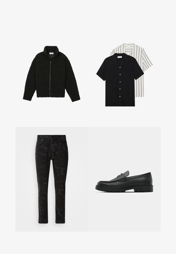Black faux fur jacket with a high collar, zip closure, elastic cuffs, and a quilted design. Features side pockets and a soft texture.; Two short-sleeve shirts: one solid black, one white with black vertical stripes. Both feature button closures and a classic collar.; Black denim jeans featuring a marbled pattern, straight leg design, five-pocket style, and a button closure at the waistband.; Black leather loafers with a rounded toe, featuring a stitched design, low platform sole, and a textured, lugged rubber outsole.