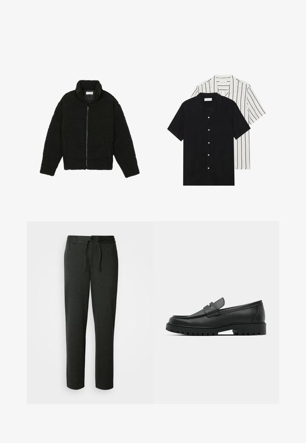 Juoda dirbtinė kailio striukė su aukštu apykakle, užtrauktuku, elastingomis rankovėmis ir siuvinėtu raštu. Su šoninėmis kišenėmis ir švelnia tekstūra.; Du šortais rankovėmis marškiniai: vieni visiškai juodi, kiti balti su juodomis vertikaliomis juostelėmis. Abu turi mygtukų užsegimus ir klasikinį apykaklę.; Tamsiai pilkos kelnės iš švelnaus medvilnės mišinio. Yra elastinga juostos su raišteliu ir šoninės kišenės. Tiesaus kirpimo dizainas.; Juodi odiniai loaferiai su apvalia nosimi, su siuvinėtu dizainu, žemu platformos padu ir tekstūruotu, sukibimo raštu padu.