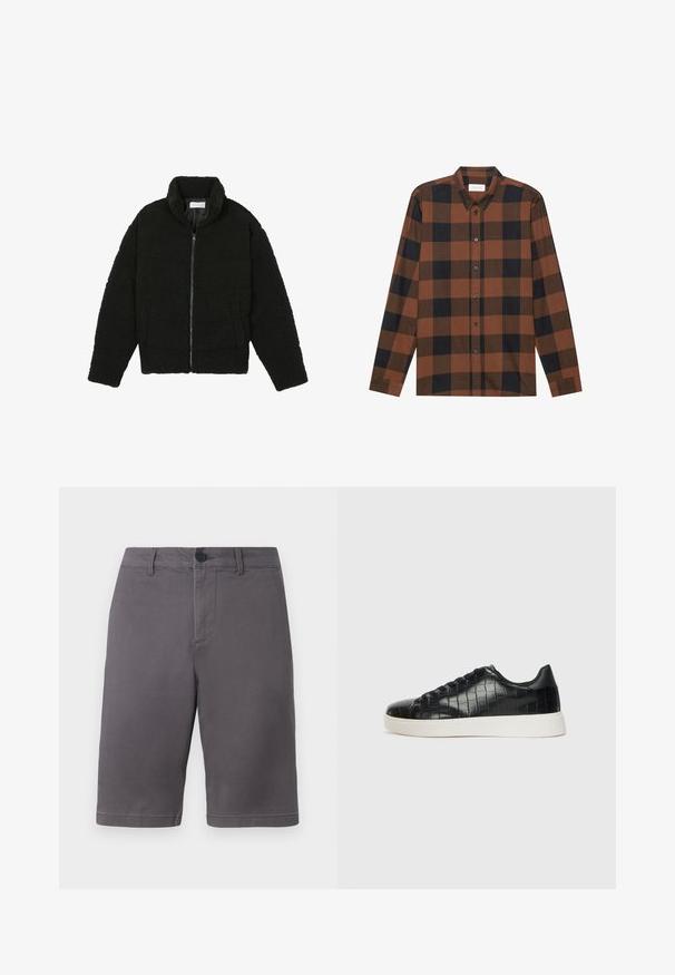 Sort faux fur jakke med høj krave, lynlås lukning, elastiske ærmer og et quiltet design. Har sidelommer og en blød tekstur.; Brun og sort ternet langærmet skjorte lavet af stof med button-down krave og knaplukning; har manchetter ved ærmerne.; Grå shorts lavet af en bomuldsblanding, med knaplukning, sidelommer og en ren, lige skåret design.; Sorte sneakers med en struktureret krokodillepræget læderoverdel, rund tå og en kontrasterende hvid gummisål med en glat finish.