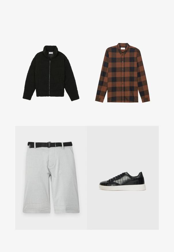 Black faux fur jacket with a high collar, zip closure, elastic cuffs, and a quilted design. Features side pockets and a soft texture.; Brown and black checkered long-sleeve shirt made of fabric with a button-down collar and buttoned placket; features cuffed sleeves.; Light gray shorts with a textured fabric, featuring a black adjustable belt and two side pockets, hemmed at the knee with a straight cut.; Black sneakers featuring a textured croc-embossed leather upper, rounded toe, and a contrasting white rubber sole with a smooth finish.
