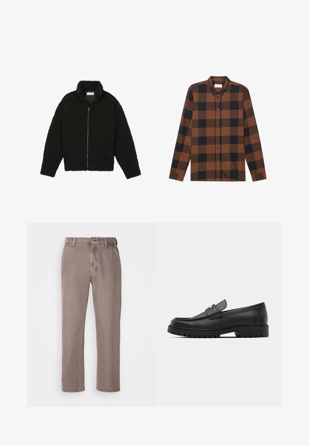 Svart fuskepelsjakke med høy krage, glidelås, elastiske mansjetter og quiltet design. Har sidelommer og en myk tekstur.; Brun og svart rutete langermet skjorte laget av stoff med skjortekrage og knappestolpe; har mansjetterte ermer.; Brune, bukser med lige ben lavet af blød bomuldsblanding. Har en knaplukning, bæltestropper og sidelommer. Minimalistisk design.; Sorte lærloafere med rund tå, med en syddesign, lav plattformsåle og en teksturert, ruggede gummisåle.