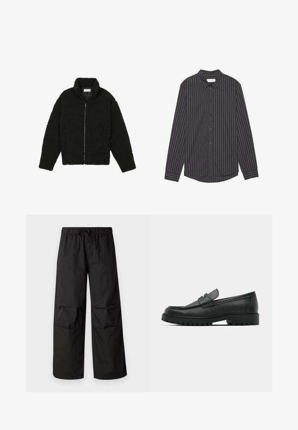Czarna kurtka z faux futra z wysokim kołnierzem, zapięciem na zamek, elastycznymi mankietami i pikowanym wzorem. Posiada boczne kieszenie i miękką fakturę.; Czarna koszula z długim rękawem w białe pionowe paski, z kołnierzykiem, zapinana na guziki z zaokrąglonym dołem. Wykonana z gładkiego materiału.; Czarne spodnie szerokie wykonane z lekkiego materiału, z elastyczną talią i sznurkiem oraz detalami w okolicy kolan.; Czarne skórzane mokasyny z zaokrąglonym noskiem, posiadające przeszywany wzór, niską platformę oraz teksturowaną, gumową podeszwę z bieżnikiem.