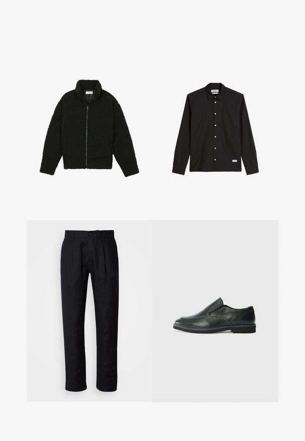 Melnā mākslīgā kažokādas jaka ar augstu apkakli, ar rāvējslēdzēju, elastīgām piedurknēm un kvadrātveida šuvēm. Iespējotas sānu kabatas un mīksta tekstūra.; Melnas garām piedurknēm krekls, izgatavots no kokvilnas. Tam ir klasiskā apkakle, baltas pogas pa priekšu un neliela logo birka apakšā.; Melni taisni bikses ar jostu cilpiņiem, priekšējo pogu aizdari un sānu kabatām, izstādītas uz gaiša fona.; Melnas ādas slip-on kurpes ar gludu augšdaļu, izšūtām akcentiem, noapaļotu purngala daļu un zemu gumijas papēdi. Zole ar minimālu rakstu.