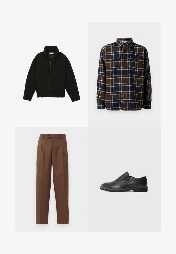 Črna jakna iz umetnega krzna z visokim ovratnikom, z zadrgo, elastičnimi manšetami in kviltanim dizajnom. Ima stranske žepke in mehak tekstur.; Rjav in mornarsko karirast flanelast srajca z gumbom spredaj, dvema žepoma na prsih in klasičnim ovratnikom. Mehka tekstura in srednja teža.; Rjave krojene hlače s ravnim krojem, vidnimi gubami, sprednjimi žepi in enim gumbom za zapiranje v pasu. Gladka tekstura.; Črne usnjene natikače z gladkim zgornjim delom, prišitimi detajli, zaobljenim nosom in nizkim gumijastim petkom. Podplat ima minimalen profil.