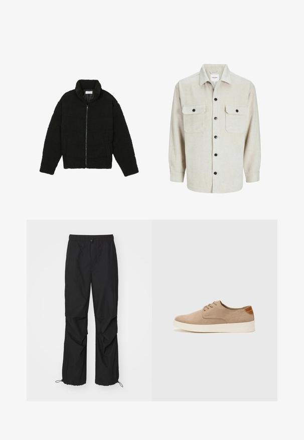 Black faux fur jacket with a high collar, zip closure, elastic cuffs, and a quilted design. Features side pockets and a soft texture.; Beige flannel shirt with a collared neckline, featuring two chest pockets, black buttons, and long sleeves with buttoned cuffs.; Black, lightweight track pants with an elastic waistband, zipper accents, and adjustable cuffs; features a loose fit and smooth texture.; Beige suede sneakers with a rounded toe, lace-up front, and a textured back accent. White rubber sole provides contrast. Simple and modern design.