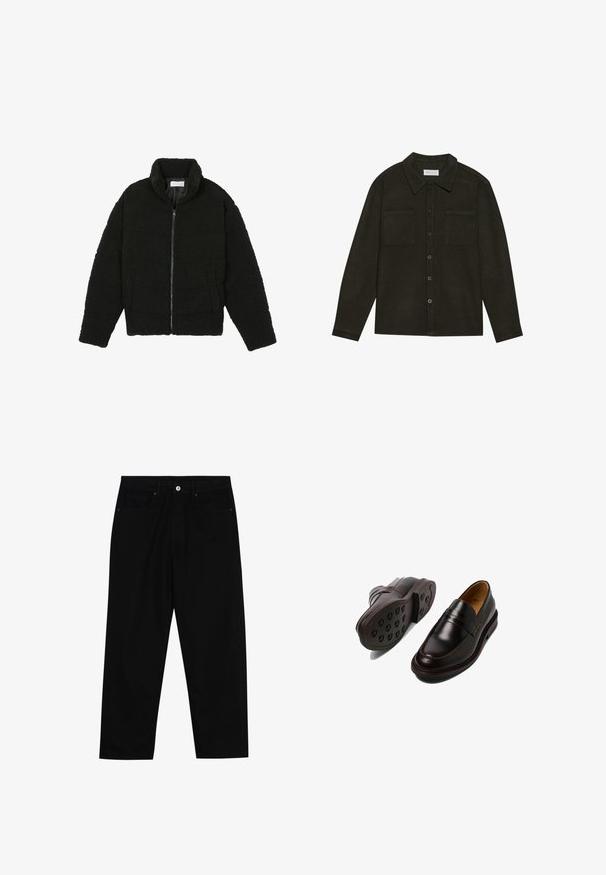 Melnā mākslīgā kažokādas jaka ar augstu apkakli, ar rāvējslēdzēju, elastīgām piedurknēm un kvadrātveida šuvēm. Iespējotas sānu kabatas un mīksta tekstūra.; Tumši zaļš piedurkņu krekls, kas izgatavots no teksturēta auduma, ar apkakli, divām krūšu kabatām un garām piedurknēm ar pogām.; Melni džinsi ar taisnu kāju griezumu, piecu kabatu dizainu un priekšēju pogu aizdari. Gluda tekstūra ar minimālu šuvju detaļu skaitu.; Selected Homme Lietišķa stila kurpes - demitasse