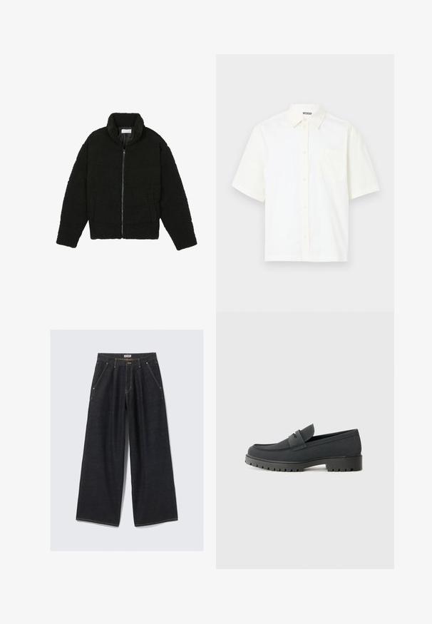 Czarna kurtka z faux futra z wysokim kołnierzem, zapięciem na zamek, elastycznymi mankietami i pikowanym wzorem. Posiada boczne kieszenie i miękką fakturę.; Koszula z krótkim rękawem, zapinana na guziki w kolorze off-white z bawełny. Posiada kołnierzyk oraz kieszonkę na lewej piersi z prostym wzorem i miękką teksturą.; Ciemnoniebieskie spodnie o szerokich nogawkach z plisami z przodu, ukośnymi kieszeniami, szlufkami na pasek oraz zapięciem na guzik w pasie, oznaczone "WEEKDAY."; Czarne mokasyny o gładkim, matowym wykończeniu, z okrągłym noskiem i grubą, teksturowaną podeszwą. Udekorowane przednim paskiem.
