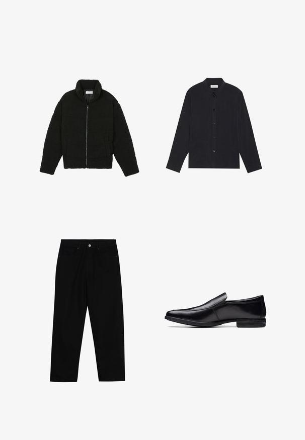 Chaqueta de pelaje sintético negro con cuello alto, cierre de cremallera, puños elásticos y un diseño acolchado. Cuenta con bolsillos laterales y una textura suave.; Camisa negra de manga larga con cierre de botones, cuello, dos bolsillos en el frente y un acabado de tela texturizada.; Pantalones de mezclilla negra con corte recto, diseño de cinco bolsillos y cierre frontal con botón. Textura suave con detalles de costura mínimos.; Zapato negro de cuero sin cordones con punta afilada, acabado pulido, detalles de costura sutiles y suela de goma de bajo perfil.