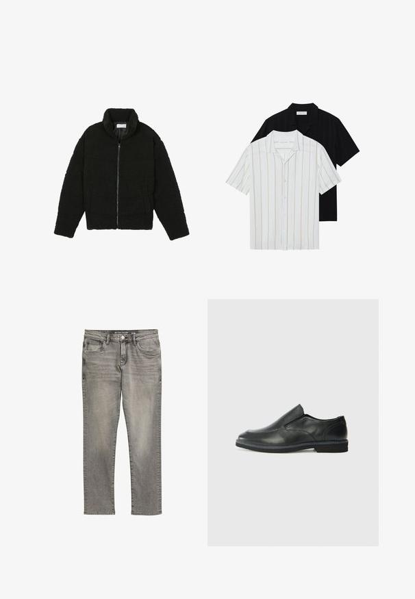 Fekete műszőrme dzseki magas gallérral, cipzáros záródással, rugalmas mandzsettákkal és steppelt mintázattal. Oldalsó zsebekkel rendelkezik, és puha tapintású.; Rövid ujjú, gombos ingek fehér színben bézs csíkokkal és tiszta feketében. Mindkét ing klasszikus gallérral és sima textúrájú anyaggal rendelkezik.; Szürke farmernadrág egyenes láb.designnal, öt zsebbel, enyhe elhalványulással és kontrasztos varrási részletekkel. Méret: 31/32.; Fekete bőr, slip-on cipő sima felsőrésszel, varrott díszítéssel, lekerekített orral és alacsony gumitalppal. A talpa minimális bordázattal rendelkezik.