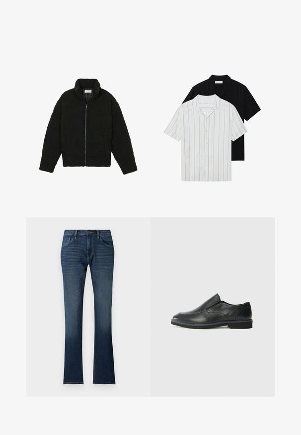 Casaco de pelo sintético preto com gola alta, fecho de zip, punhos elásticos e um design acolchoado. Apresenta bolsos laterais e uma textura suave.; Camisas de botão de manga curta em branco com riscas bege e preto sólido. Ambas possuem colarinho clássico e textura de tecido suave.; Jeans de denim azul-escuro com uma ligeira largura na parte inferior, cintura estruturada, cinco bolsos e um desbotamento subtil perto da bainha.; Sapato slip-on preto em pele com um upper liso, acabamentos cosidos, bico arredondado e um salto de borracha baixo. A sola apresenta um padrão de aderência mínimo.