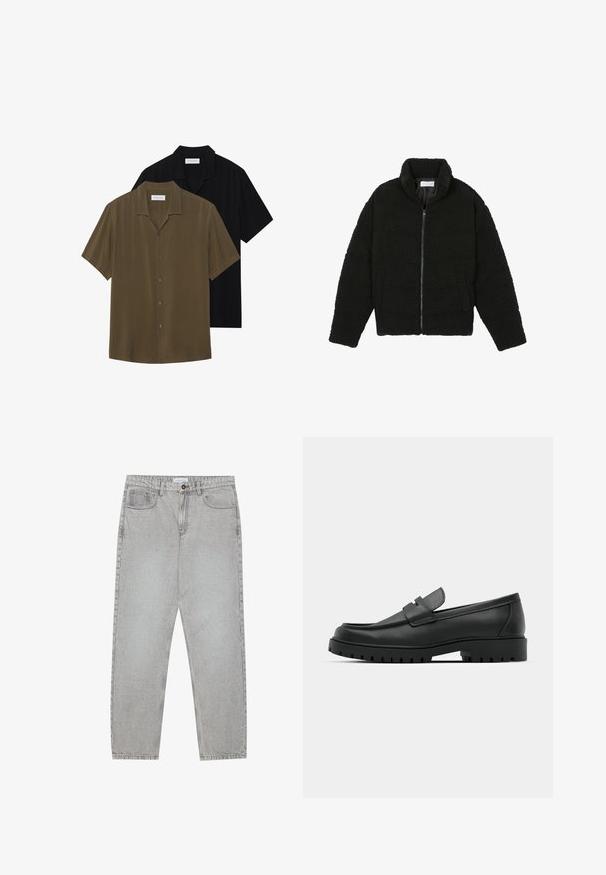 Must must karusnahast jakk kõrge kraega, lukuga sulgemine, elastsed varrukad ja tikandmuster. Omab küljetaskuid ja pehmet tekstuuri.; Lühikeste varrukatega nööpidega särk oliivirohelises ja mustas värvitoonis, millel on sile kangas, sirge alläär ja terav krae, millel on õrn sära.; Heledad hallide denimpüksid otse säärekujundusega, viie-taskulise stiliseerimise ja nupukinnitusega. Nähtav õmblus kõrvuti.; Mustad musta nahast loafers, millel on ümar varvas, tikandiga disain, madal platvorm-soon ja tekstureeritud, soonikkummist välistald.