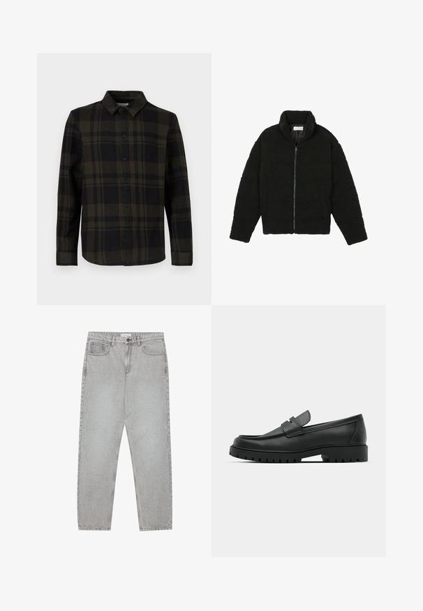 Zwarte faux fur jas met een hoge kraag, ritssluiting, elastische manchetten en een doorgestikt ontwerp. Beschikt over zijzakken en een zachte textuur.; Zwart- en donkergroen geruit overhemd van stof, met een knoopsluiting aan de voorkant, lange mouwen en een klassiek kraagontwerp.; Lichtgrijze denimbroek met een recht model, vijfzakkenstijl en een knoopsluiting. Zichtbare stiksels langs de naden.; Zwarte leren instappers met een ronde neus, voorzien van een gestikt ontwerp, een lage platformzool en een gestructureerde, grof rubberen buitenzool.