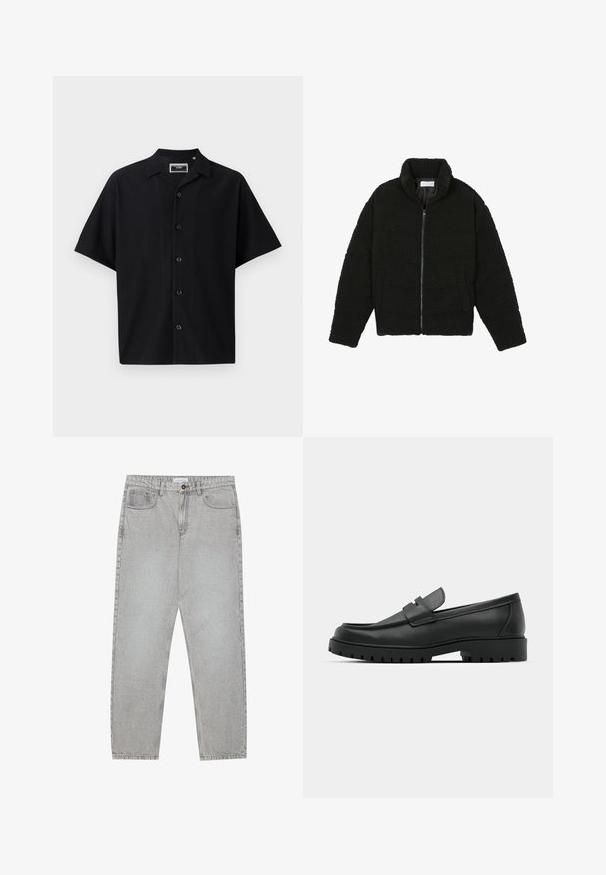 Črna jakna iz umetnega krzna z visokim ovratnikom, z zadrgo, elastičnimi manšetami in kviltanim dizajnom. Ima stranske žepke in mehak tekstur.; Črna kratka srajca s kratkimi rokavi, z gubanim reljefnim dizajnom, ki ima ovratnik in pet sprednjih gumbov, izdelana iz gladkega materiala.; Svetlo sivi traper hlače s ravnim krojem, pet žepov in gumbom za zapiranje. Vidno šivanje ob šivih.; Črne usnjene loafers čevlje z zaobljenim nosom, ki imajo šivano zasnovo, nizko platformo in teksturiran, profiliran gumijast podplat.