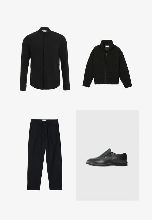 Juoda dirbtinė kailio striukė su aukštu apykakle, užtrauktuku, elastingomis rankovėmis ir siuvinėtu raštu. Su šoninėmis kišenėmis ir švelnia tekstūra.; Juodas ilgomis rankovėmis marškinis su juosmens apykakle, priekyje užsegamas mygtukais, ir lygiu paviršiumi. Tiesus apvadas ir prigludusi forma.; Pier One Chino stiliaus kelnės - black; Juodai odiniai įtvirtinimo batai su lygiu paviršiumi, siuvinėjimo akcentais, apvalia nosimi ir žemu guminiu kulnu. Pado raštas minimalus.
